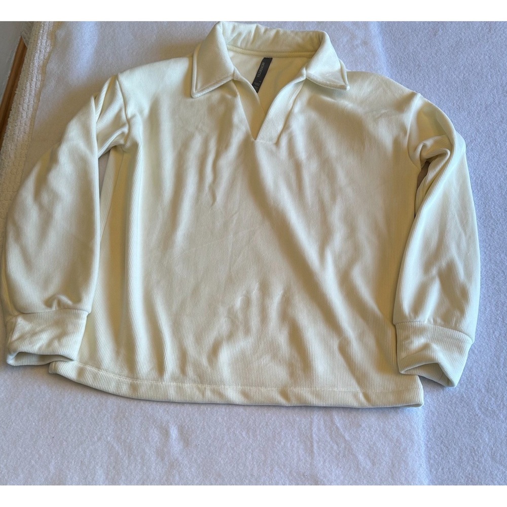 Mondetta Cream Ribbed Long Sleeve Polo Shirt Womens Medium Stretch Recycled 1441